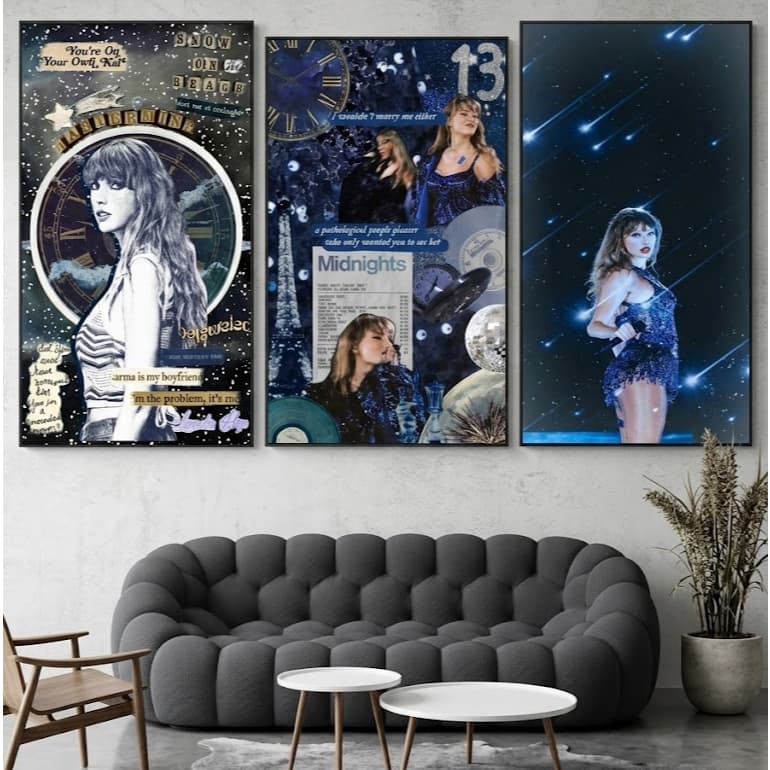 Kit Quadro Decorativo 3 Peças Taylor Swift Cantora Música Álbum Grammy Midnights Fã Sala Quarto