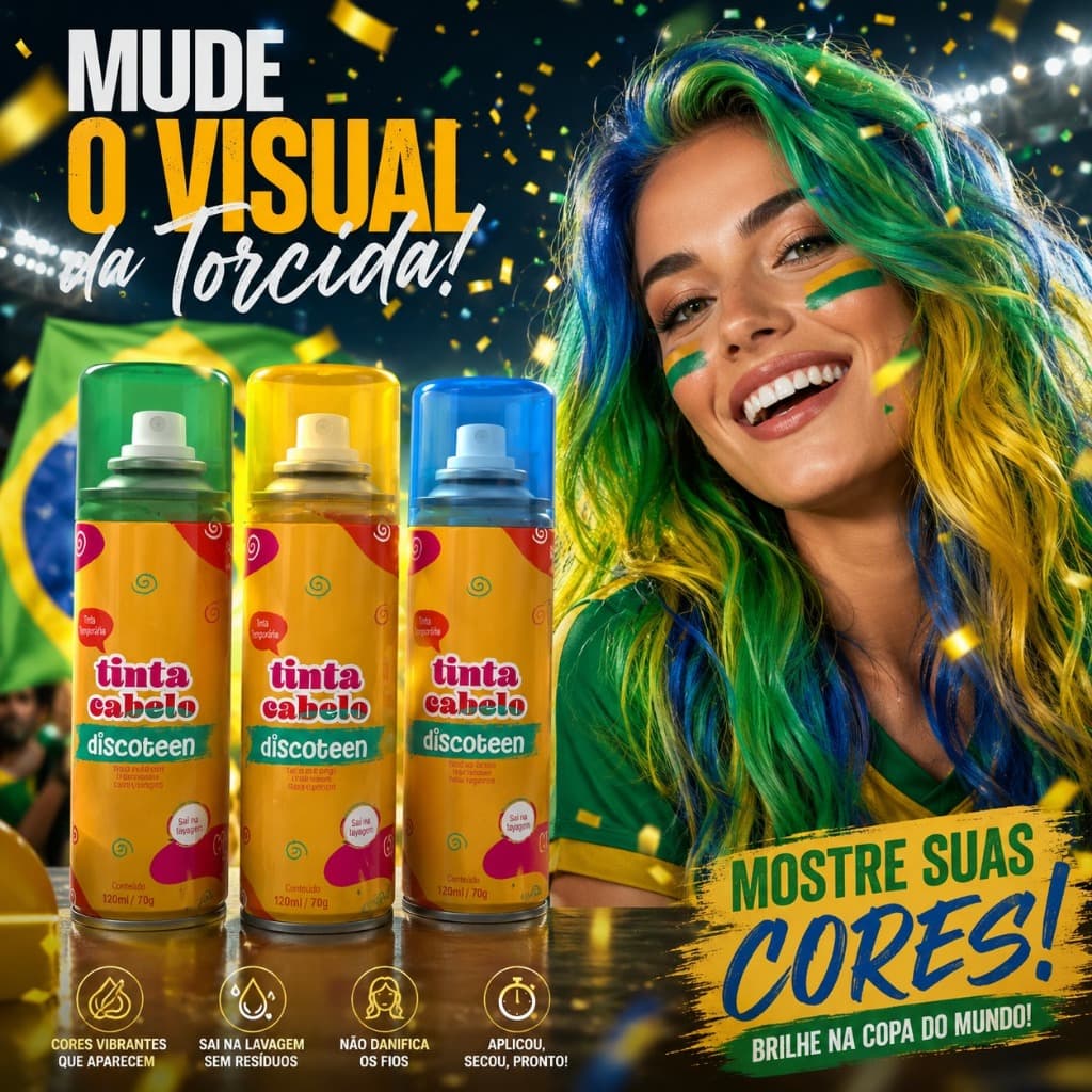 Spray para cabelo tinta temporária Copa do Mundo Cores  Brasil  Discoteen, Carnaval, Fácil Remoção, guerreiras do k-pop