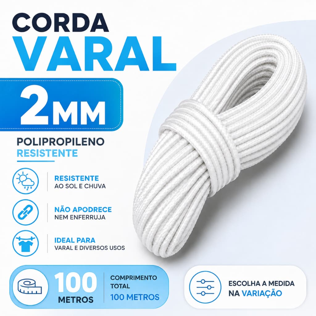 Corda PP 2mm 100m Resistente Água Varal Camping Uso Geral RGsegurity