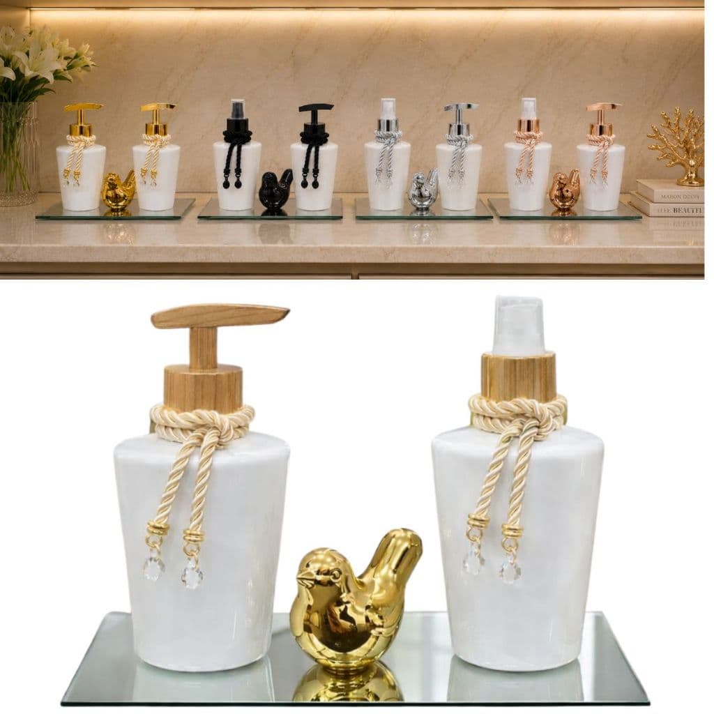 Kit Banheiro Luxo PET Branco 2 Frascos com Bandeja Espelhada e Pássaro Decorativo | Porta Sabonete e Aromatizador