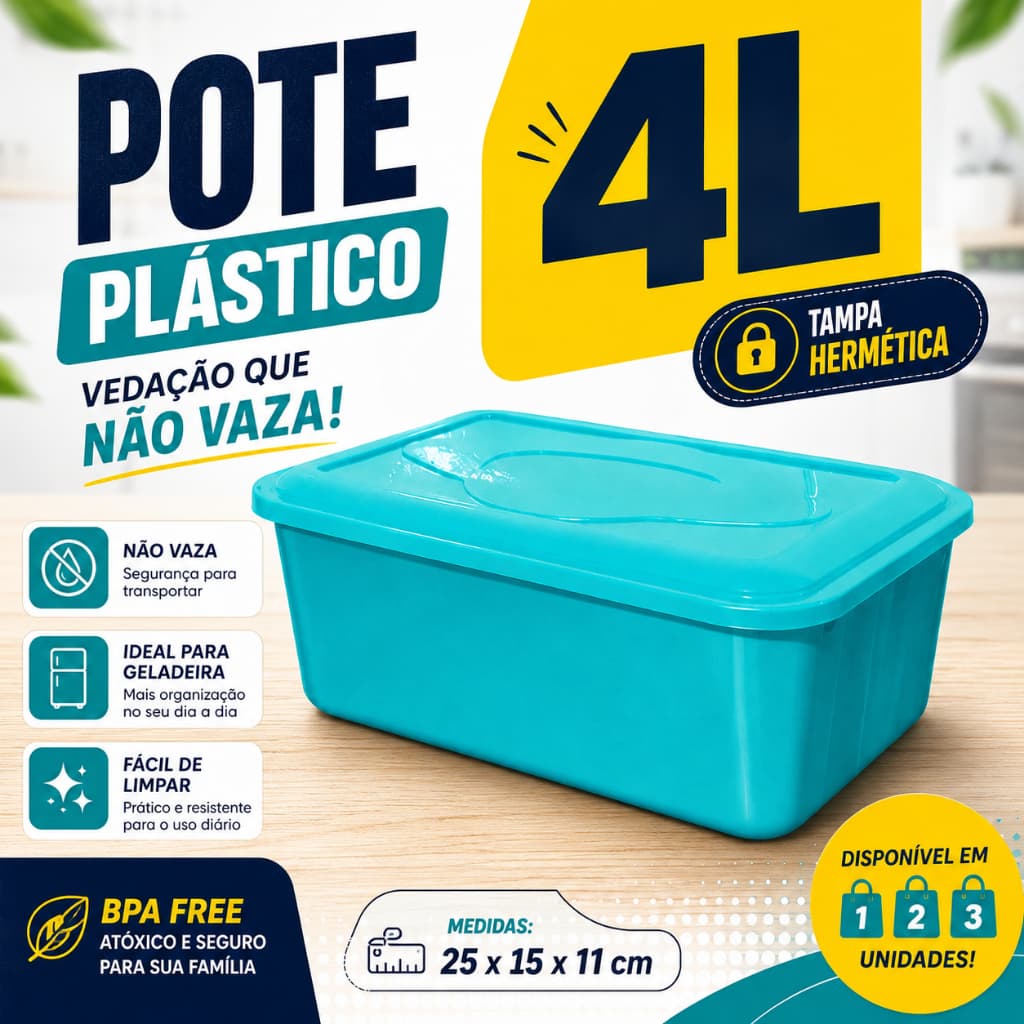 Pote Hermético 4L Com Tampa Vedação Porta Mantimentos Organizador Cozinha BPA Free