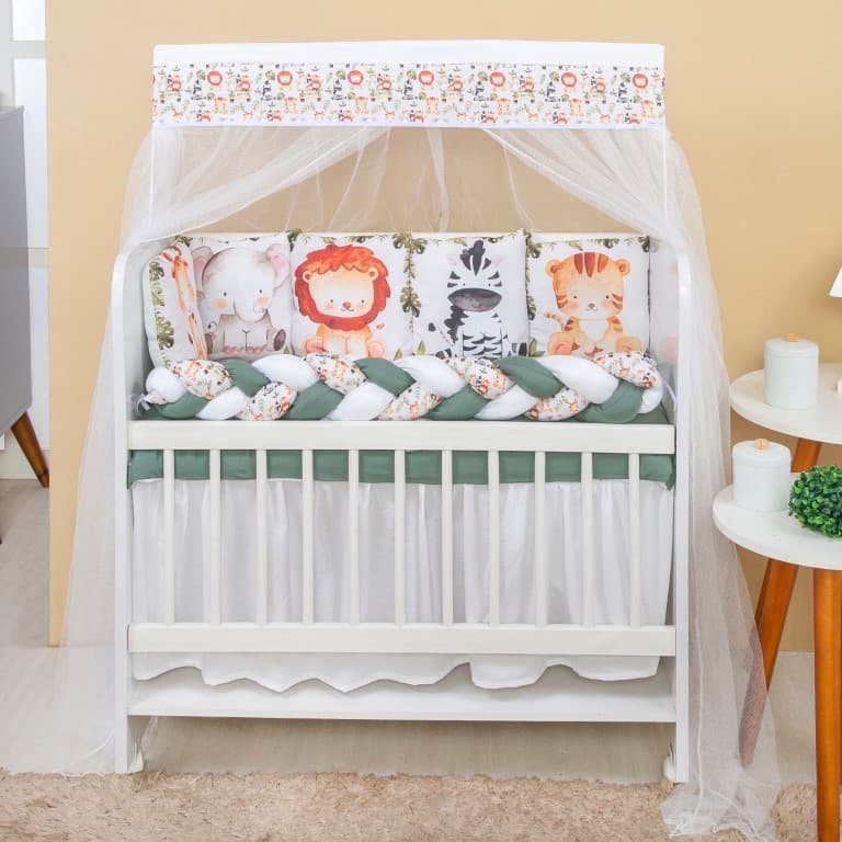 Kit Mini Berço com 12 peças + Saia de Berço Bebê Menino Zoo Safari