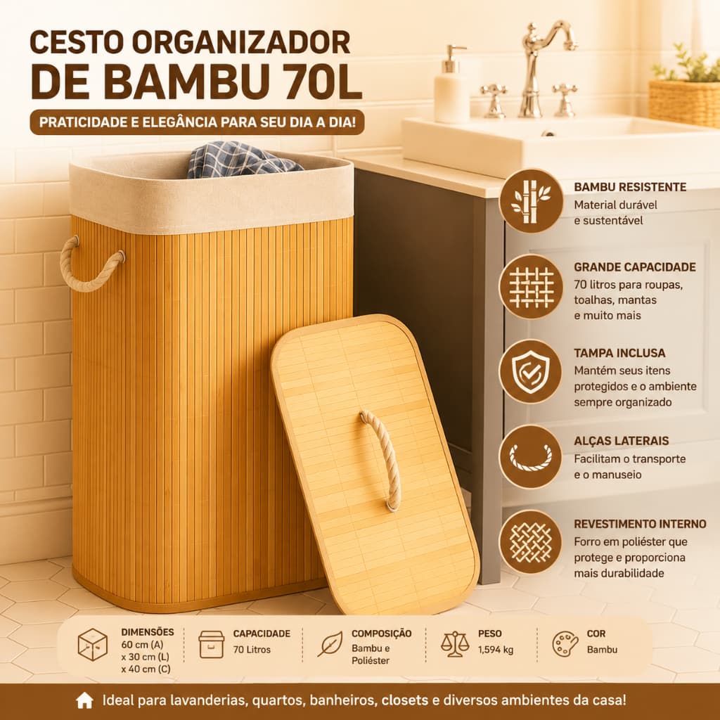Cesto De Roupas De Bambu Natural Tampa 70L Ecológico Banheiro Multiuso Alças Dobrável Organizador