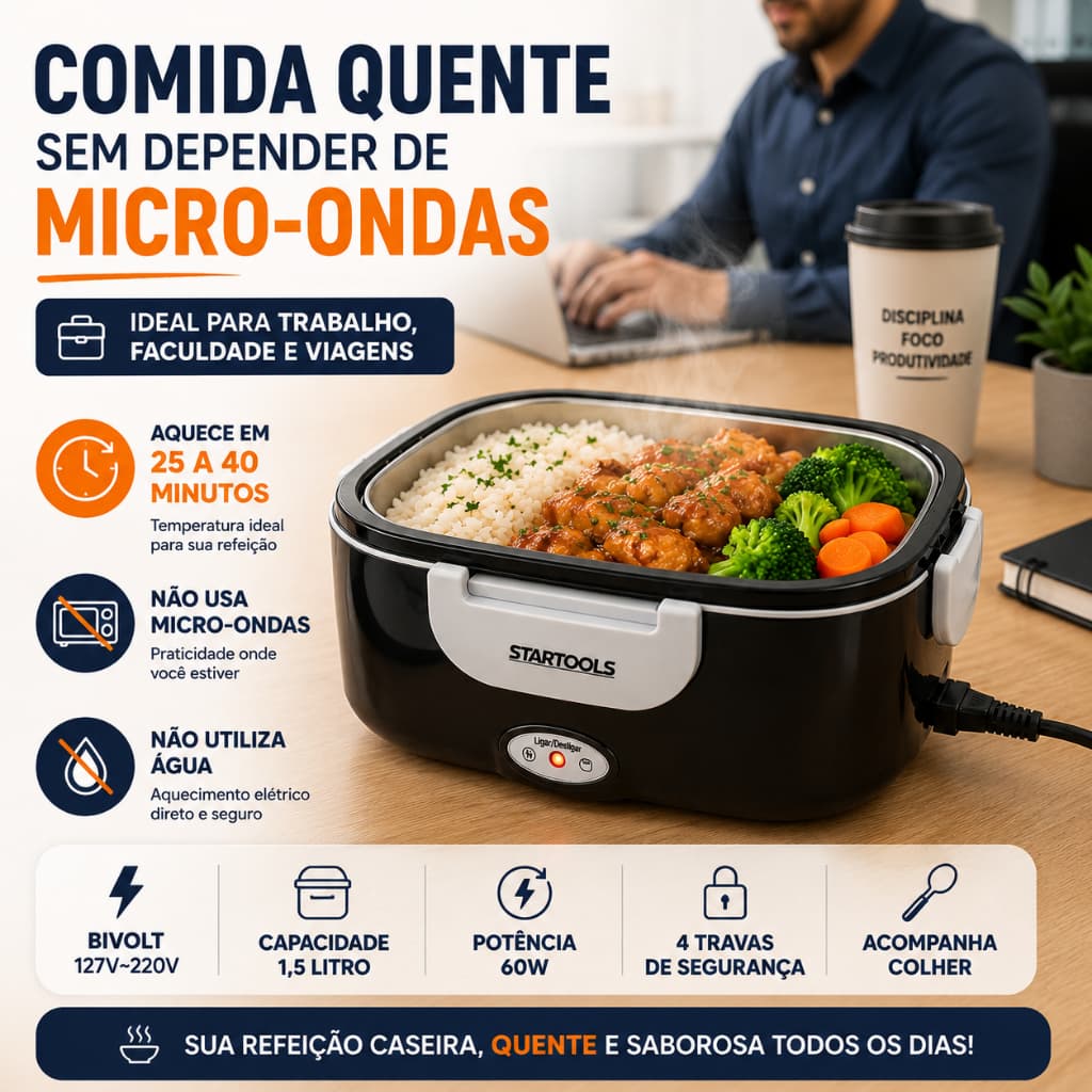 Marmita Elétrica Térmica Bivolt Portátil 1,5L Ideal Para Trabalho e Viagem Quentinho Sempre