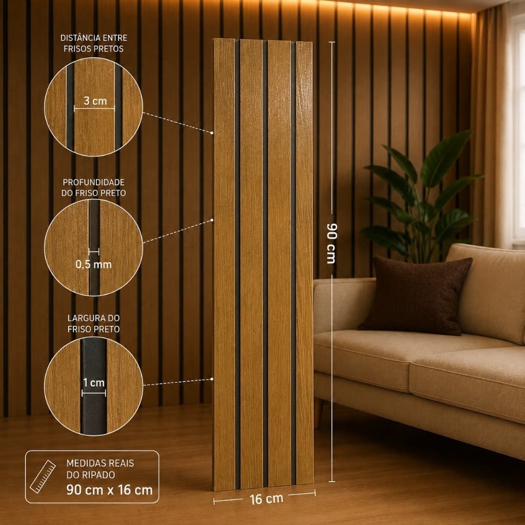 Kit 40 Placas Adesivas Painel Madeira Ripada Mdf Montável Premium 90x16cm