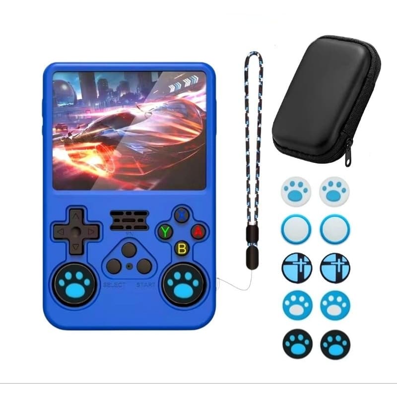 Capa Protetora Azul de silicone para Game console R36S + Alça correia, Grips, Bolsa a escolha em Variações.