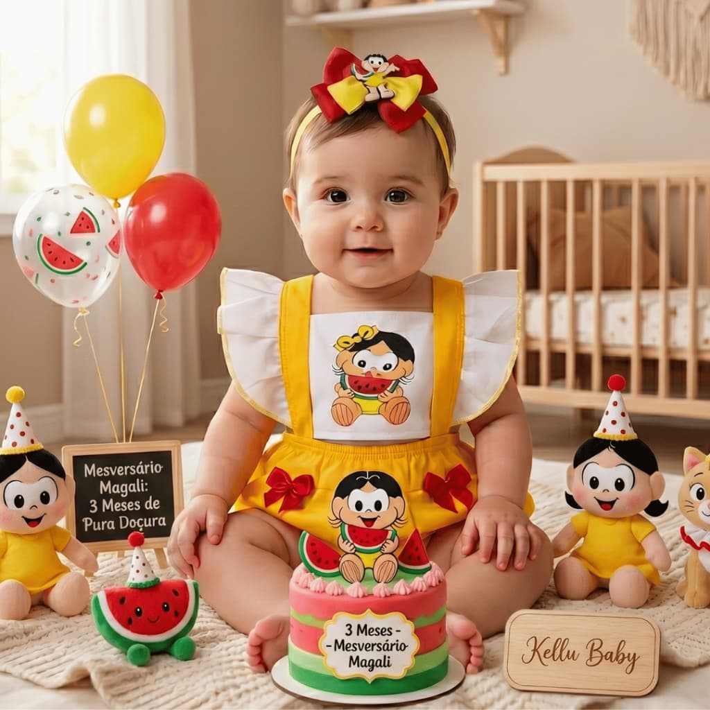 Romper Magali Bebê Menina Mesversário 0 a 3 Meses Tactel salopete Melancia