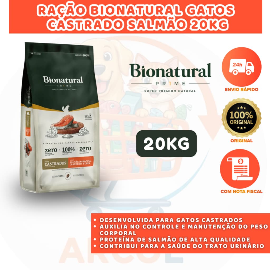RAÇÃO BIONATURAL GATOS CASTRADO SALMÃO 20KG RICA EM PROTEÍNAS NATURAIS