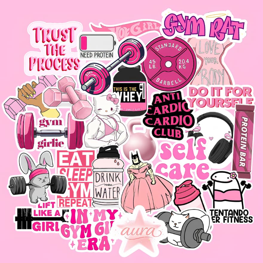 Kit 27 Adesivos Gym Girl Rosa Academia Aesthetic Para Garrafa Capinha Notebook