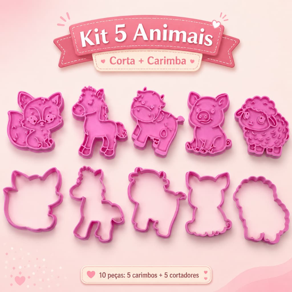Cortador e Carimbo de biscoito Kit 5 animais tema Fazendinha confeitaria e molde
