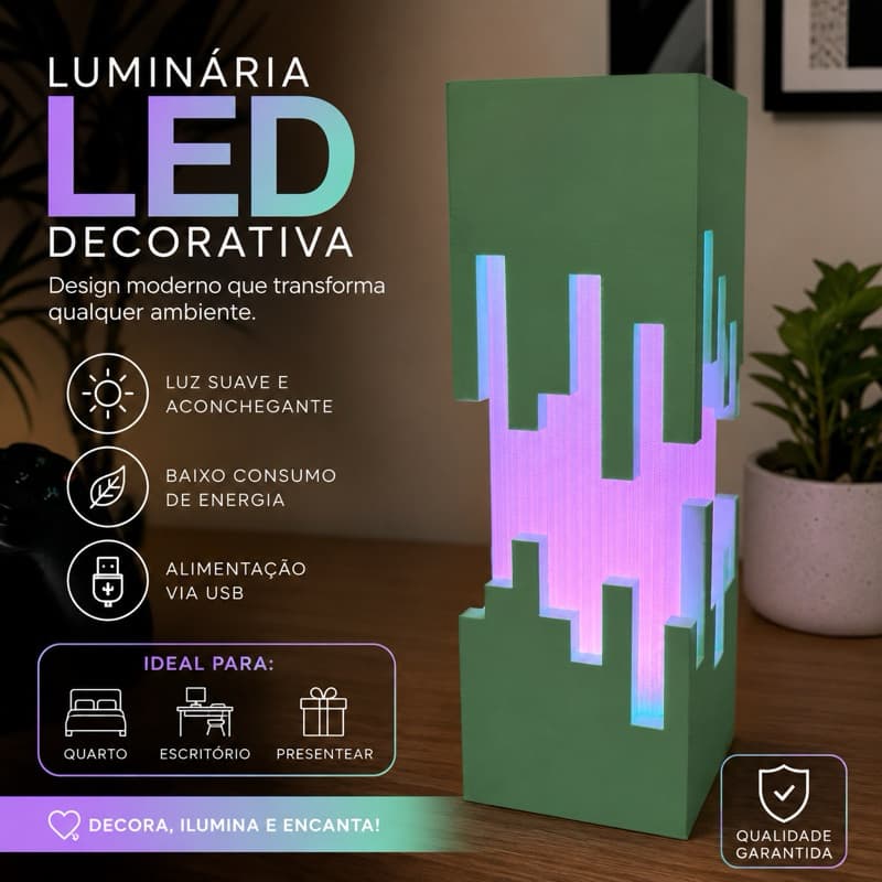 Luminária LED Pixel RGB Decorativa 3D – Efeito Luz Infinita com Troca de Cores USB