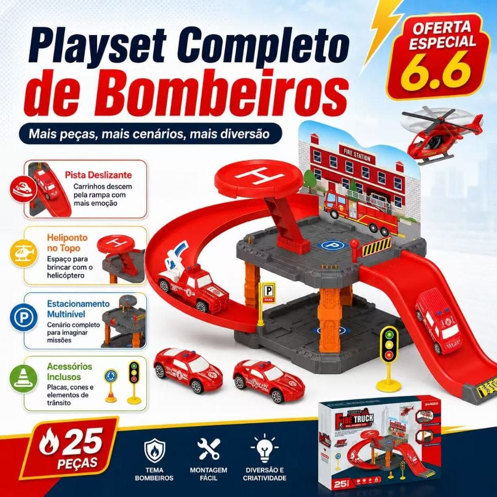 25 Peças Pista Estacionamento Bombeiro - Carros + Helicóptero Infantil