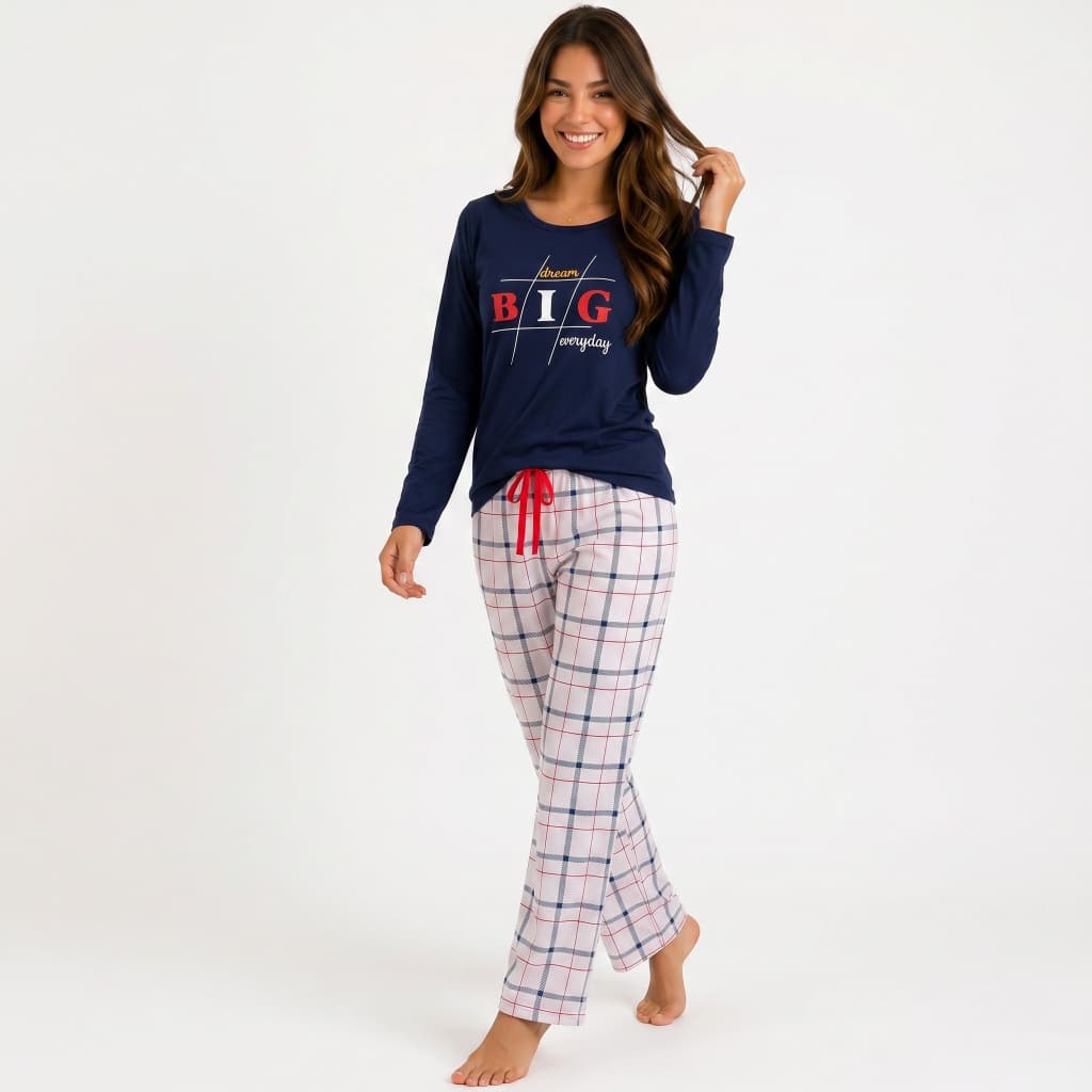 Pijama Feminino Adulto Xadrez Inverno Manga e Calça Comprida Malha Leve Premium