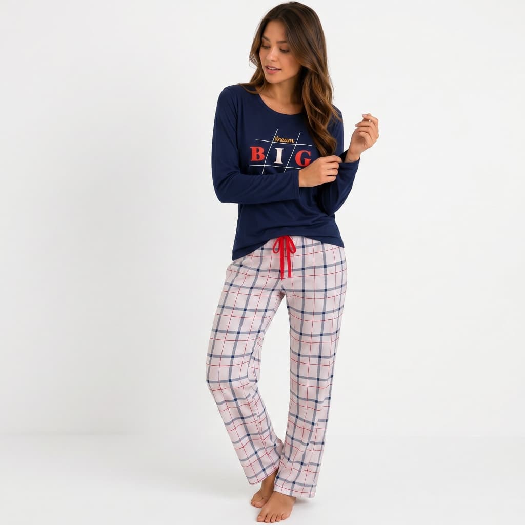 Pijama Feminino Adulto Inverno Xadrez Manga e Calça Comprida Malha Leve Conforto