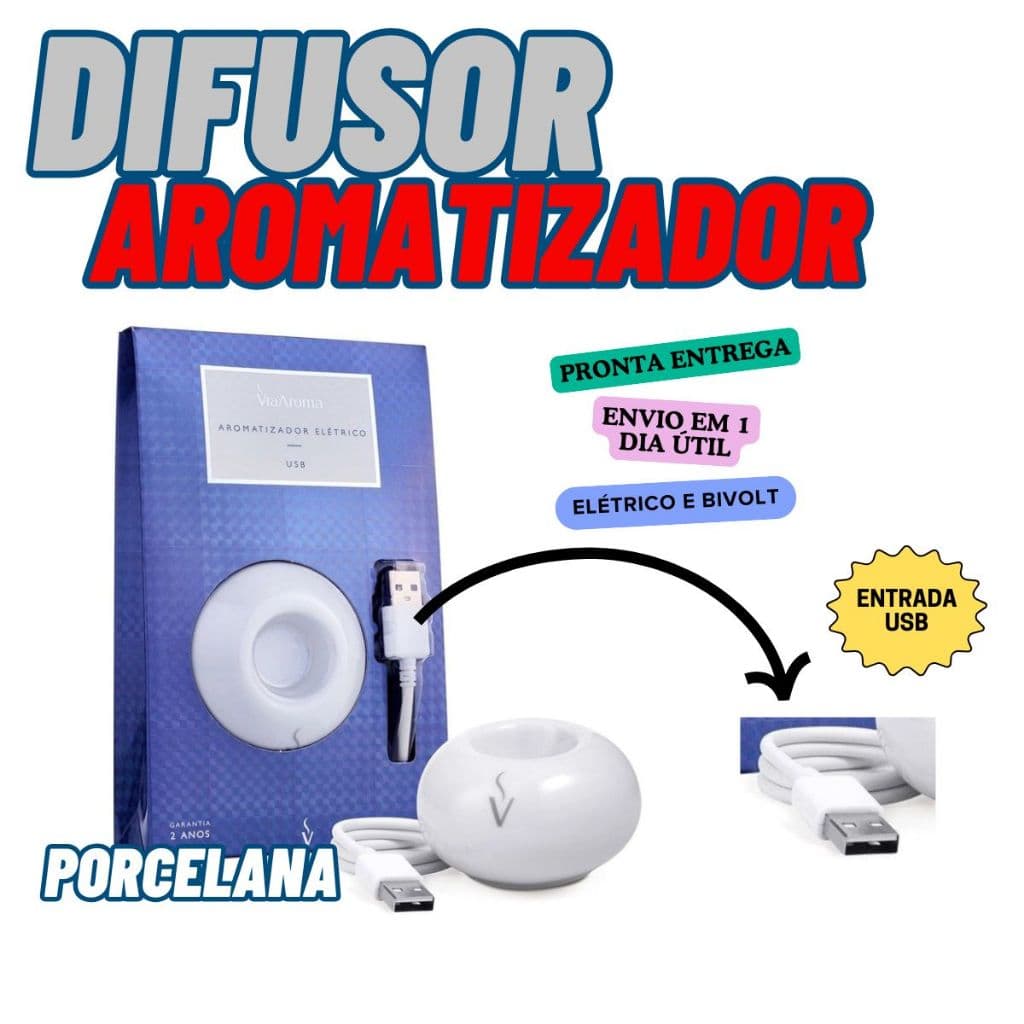 Kit Difusor Aromatizador Elétrico Bivolt Porcelana USB Branco Óleos Essencias Via Aroma