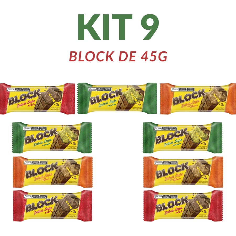 Kit 9 Chocolate Block Dubai Style Avelã-pistache-paçoca 46g