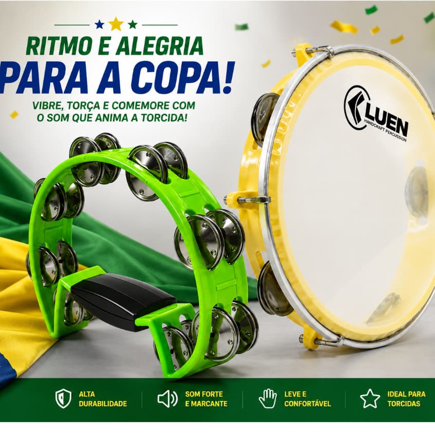 Kit Copa da Torcida Luen Pandeiro 8" Amarelo + Pandeirola Meia Lua Verde Cítrico