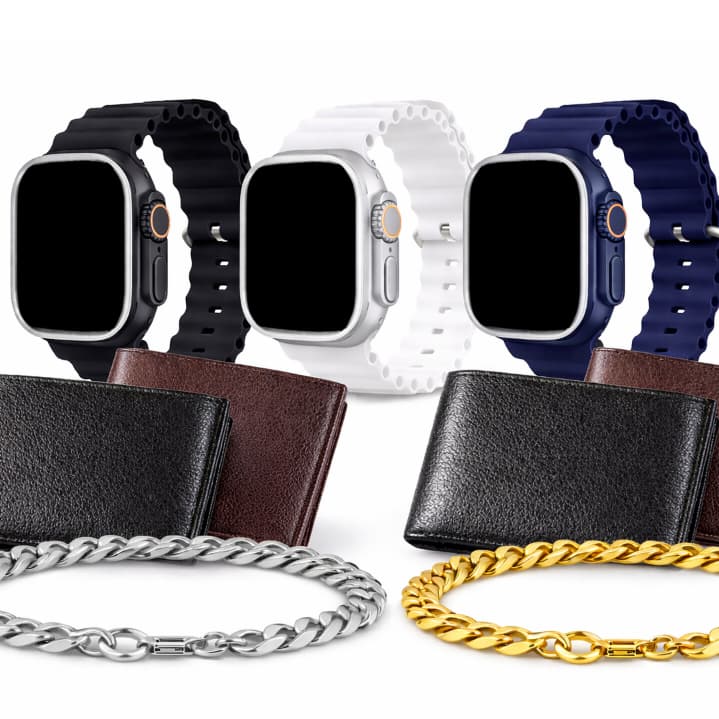 Kit Elegante Masculino Relógio Ultra + Carteira de Couro + Pulseira Dourada e Prata para o ano Todo