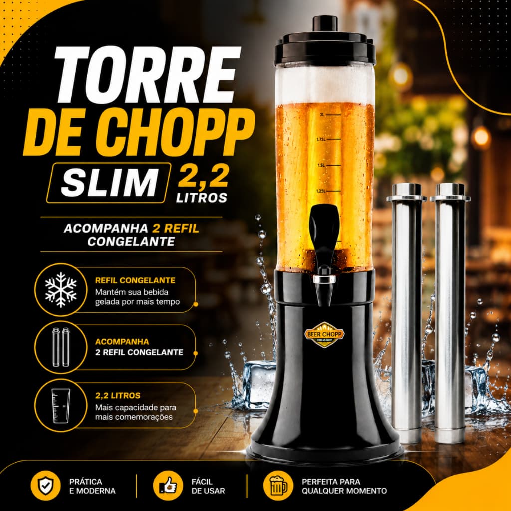 Torre Chopp Beer Dispenser Servir Bebidas Slim 2,25L Torneira Italiana Festas Confraternizações