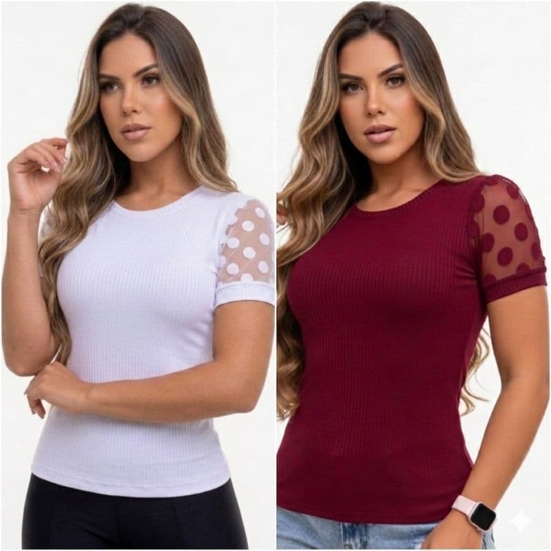 Blusa Feminina Canelada Manga Tule Poá Curta elegante