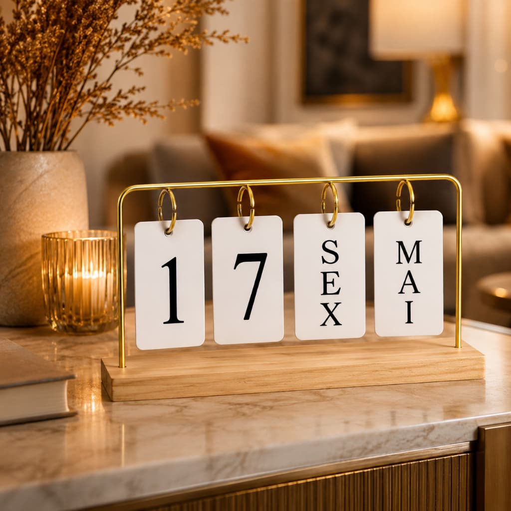 Calendário Decorativo de Mesa com Plaquinhas Permanente Madeira Preto Dourado para Casa e Escritório