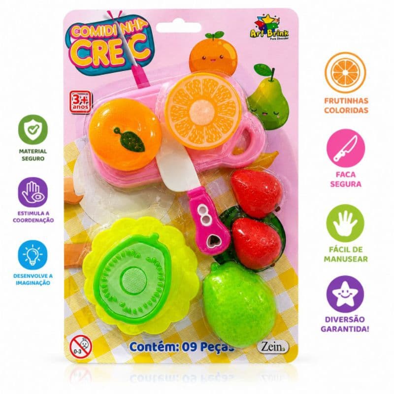 Brinquedo Infantil Frutinhas com Velcro 9 Peças Morango Goiaba Laranja Educativo Corte e Montagem