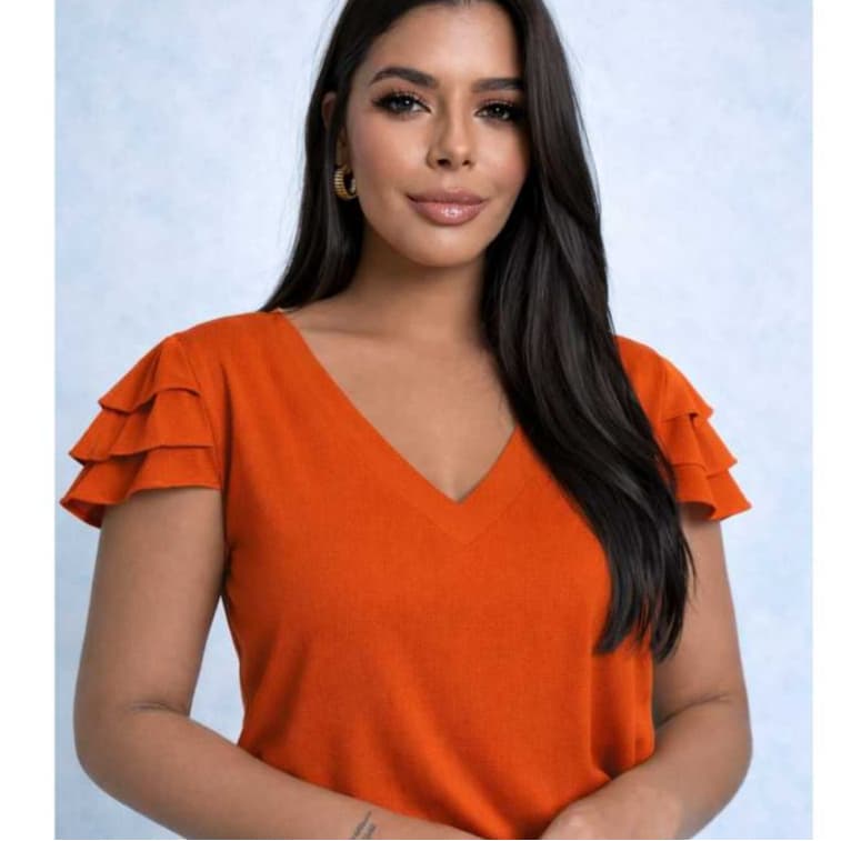 Blusa Feminino Viscolinho Liso Decote V Manga Babado Elegante Casual Social Moda Verão