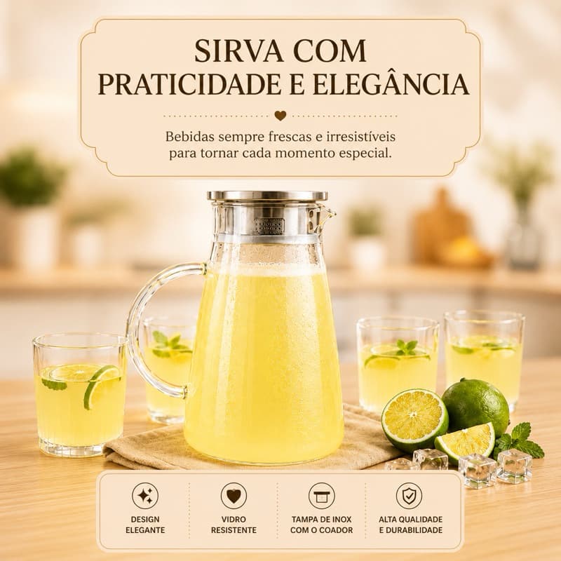 jarra de Vidro 1,8L Borossilicato Transparente com Tampa Inox Linha Mesa Posta Jarra de Suco Geladeira