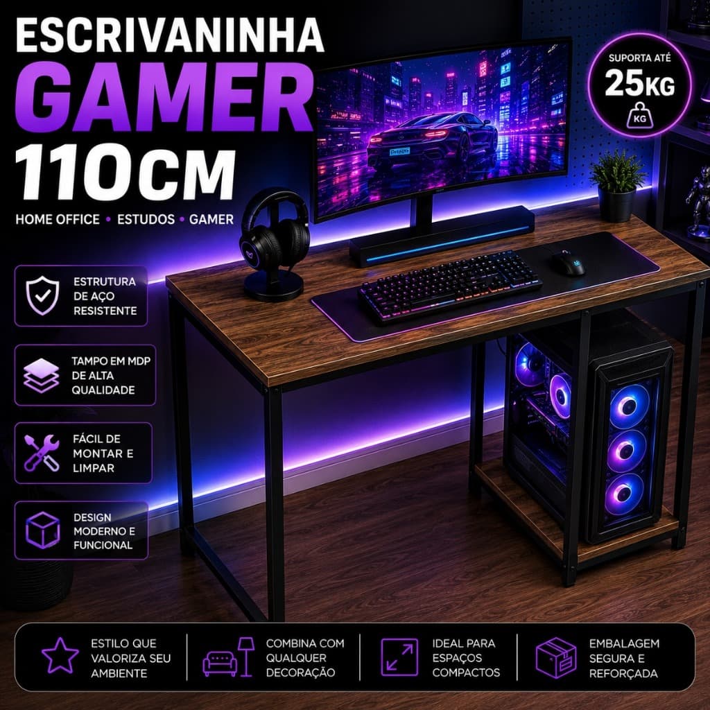 Mesa Gamer 110cm Para Computador Setup Gamer MDF Aço