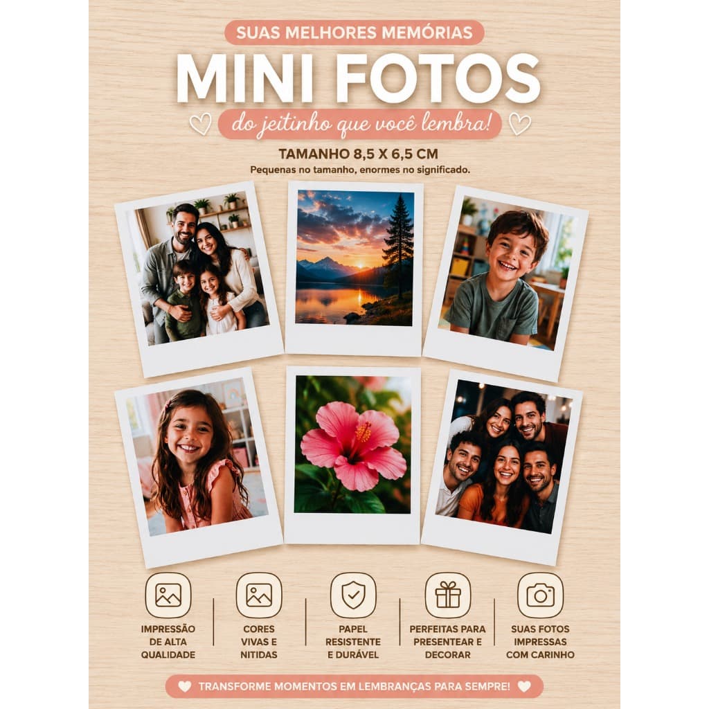 MINI FOTOS PERSONALIZADAS  8,5x6,5 cm | Revelação de Fotos | Presente Personalizado | Scrapbook e Decoração