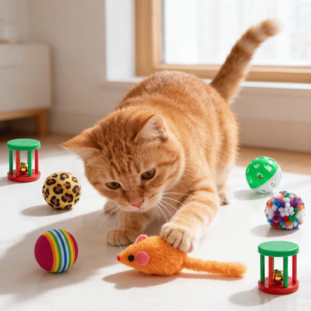 Gato Brincalhão 6 em 1:Bolinha Acrílica, Roda com Guizo, Ratinho e Bolinhas Divertidas