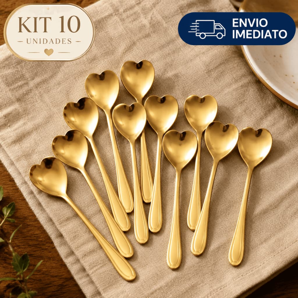 Kit 10 Colheres Coração Douradas Talheres em Aço Inoxidável para Cozinha Mesa Posta Café Chá Sobremesa