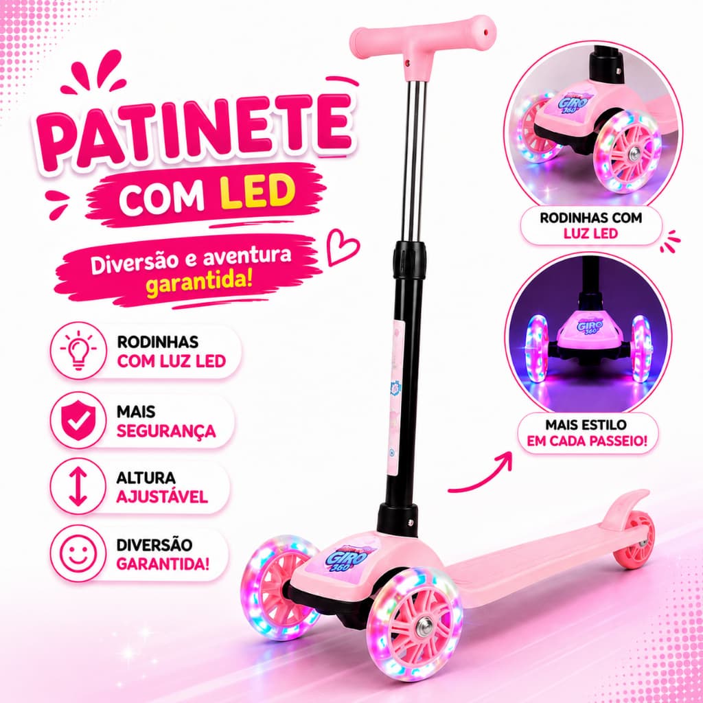 Patinete Dobrável Rosa Infantil C/3 Rodas Com Led - Castela