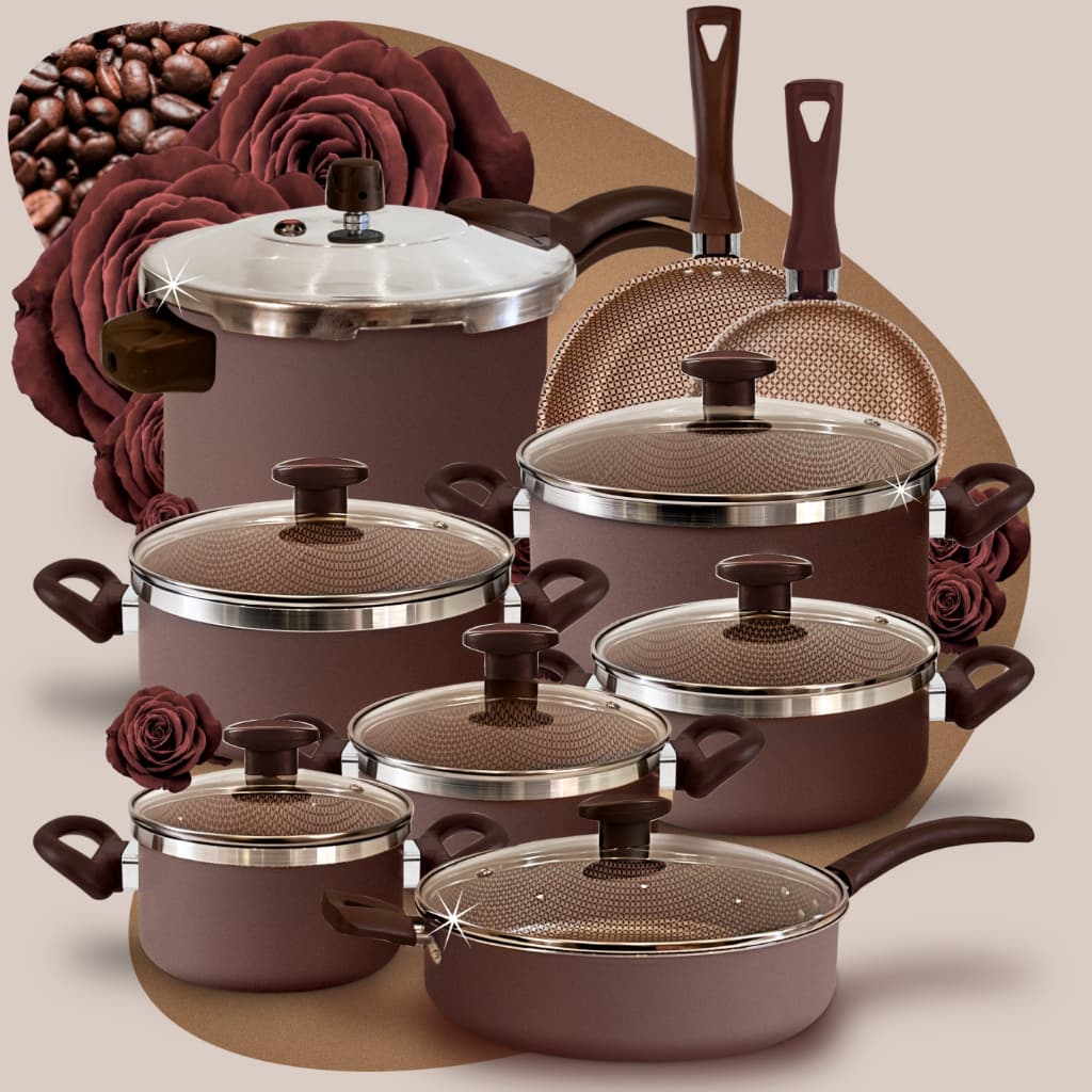 Jogo de Panelas Mocha Mousse Antiaderente Com Pressão 4,5l + Frigideiras 9 Peças