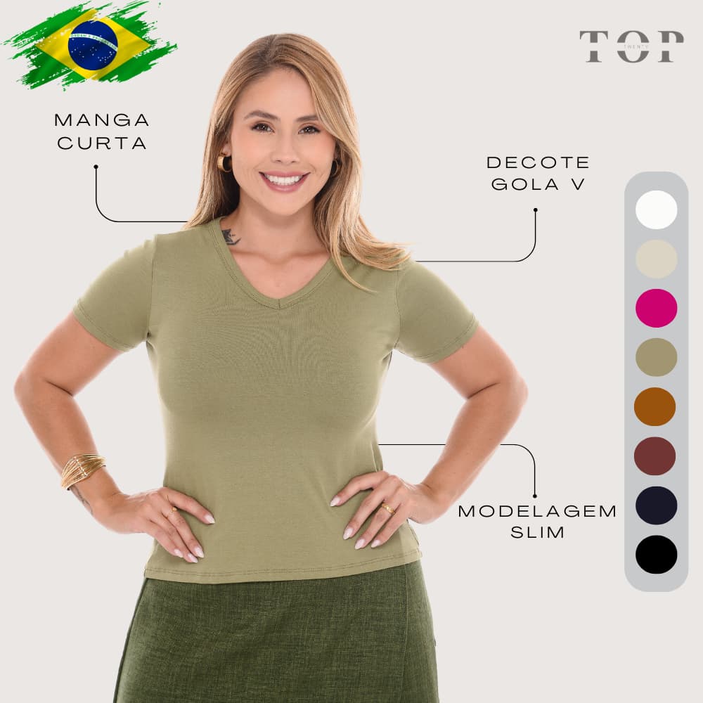 Blusa Baby Look Feminina T-Shirt Camiseta Manga Curta  Manga Curta Gola V
