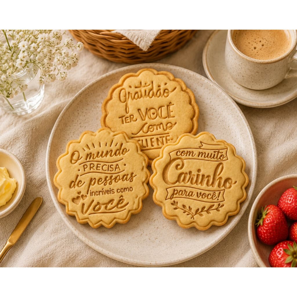 Cortador de Biscoitos de Frases Diferentes, Gratidão, Com muito Carinho e o Mundo precisa de Você