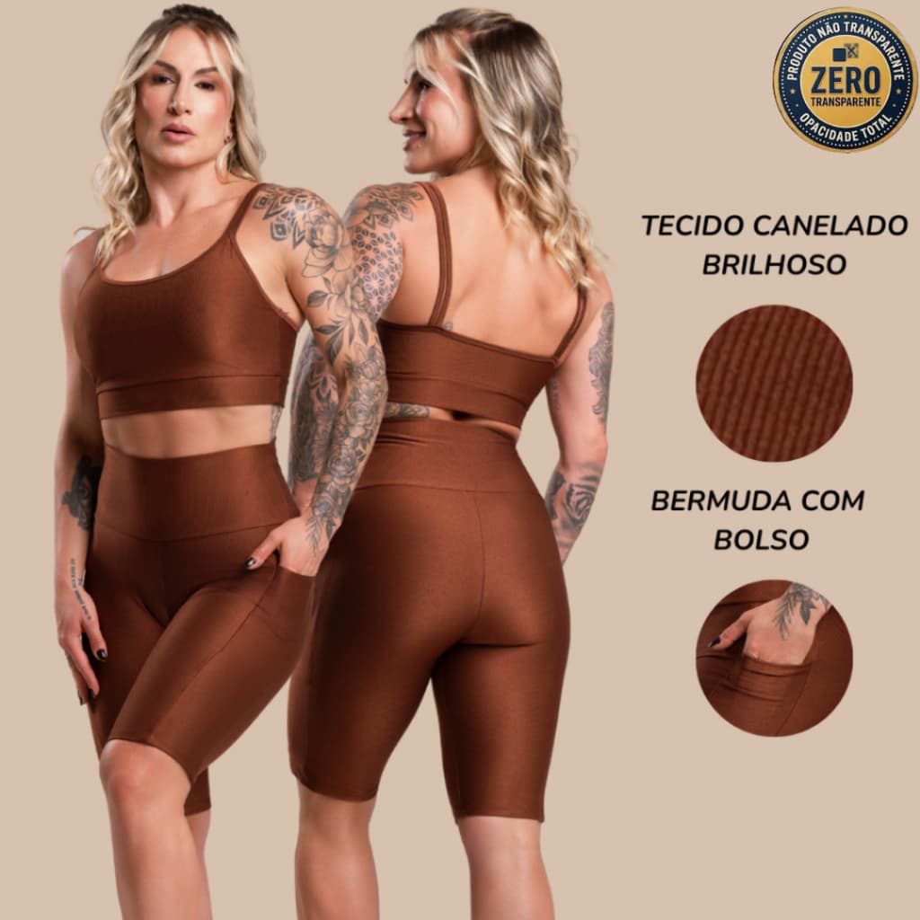 Conjunto Fitness Feminino Canelado Brilhoso Academia Top Alcinha e Bermuda Com Bolso Cintura Alta Dia A Dia RIQ Modas