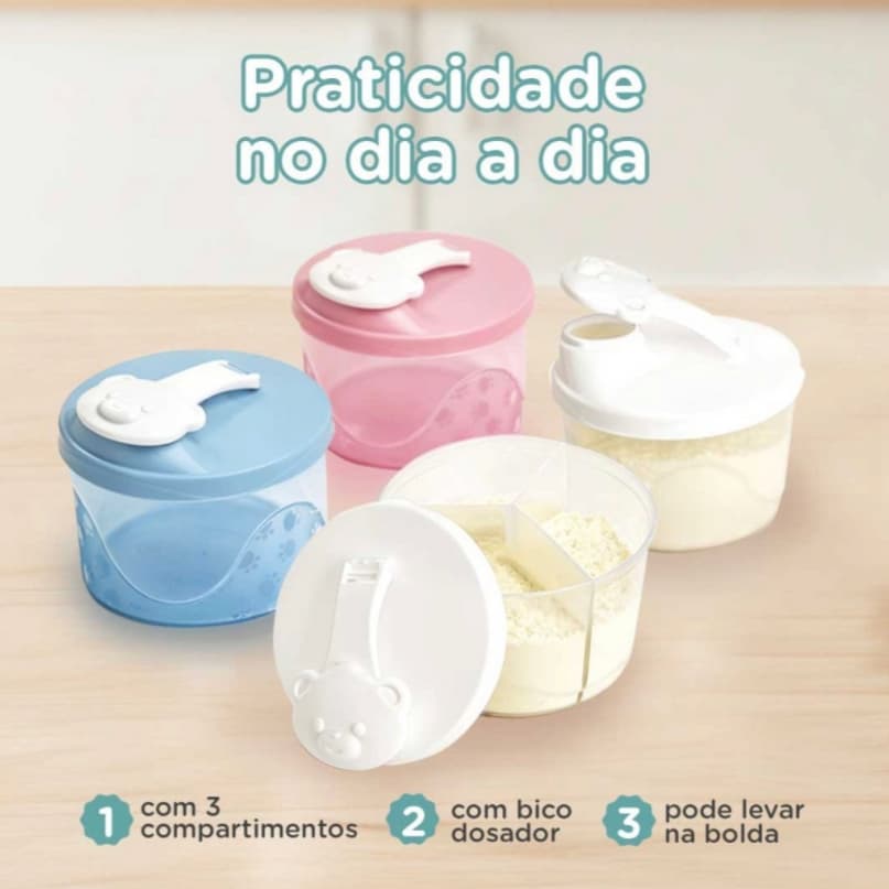 Porta Leite em Pó Adoleta 3 Divisórias Tampa Ursinho