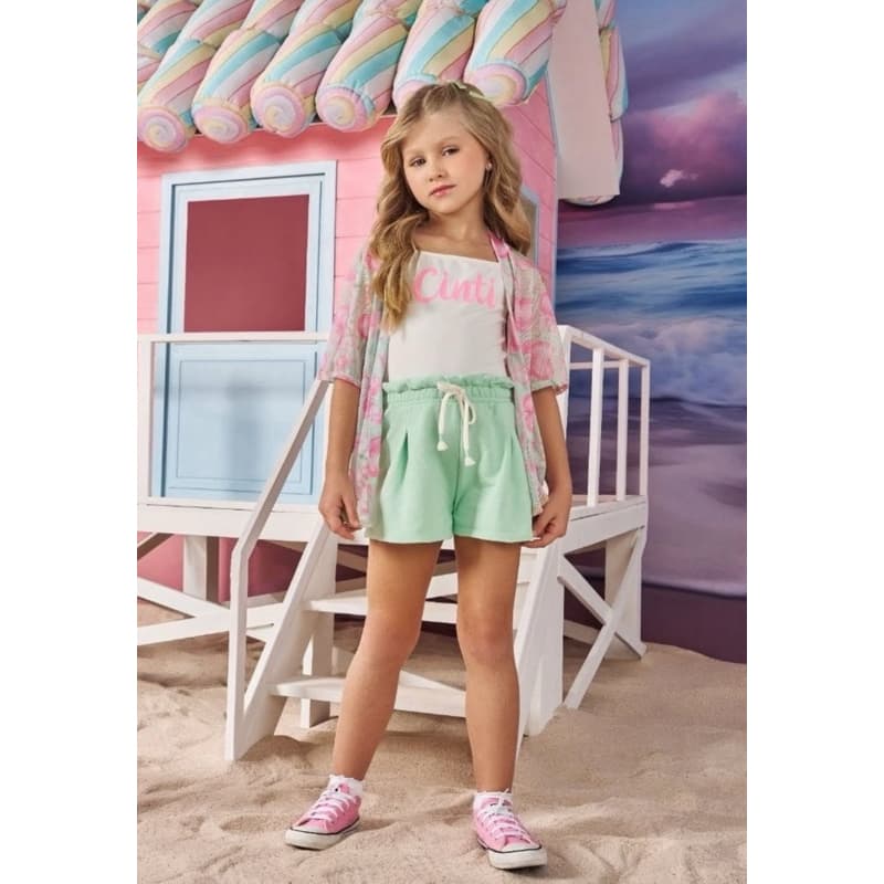 Conjunto Cinti 3 Peças - Infatil Juvenil - Blusa, Short e Kimono - Cereja Rosa