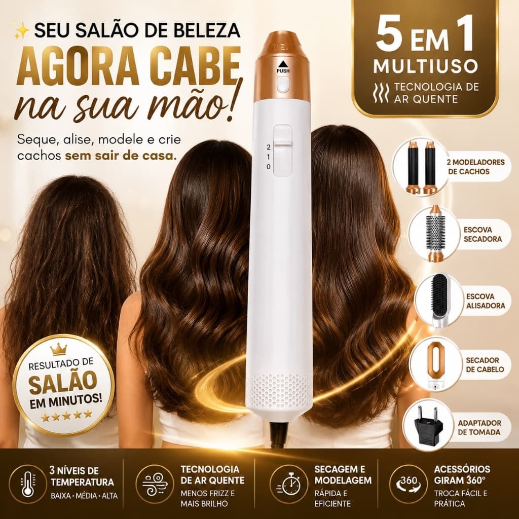 Escova Secadora 5 em 1 Profissional 110V Seca Alisa Modela Cacheia Escova de Ar Quente Premium