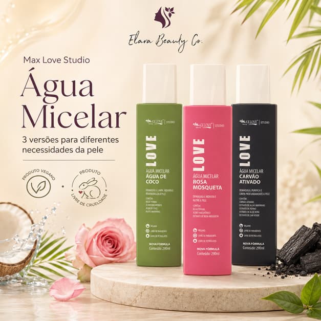 Água Micelar Max Love Studio 290ml Vegana Demaquilante Facial Limpeza Hidratação Rosa Mosqueta Coco Carvão