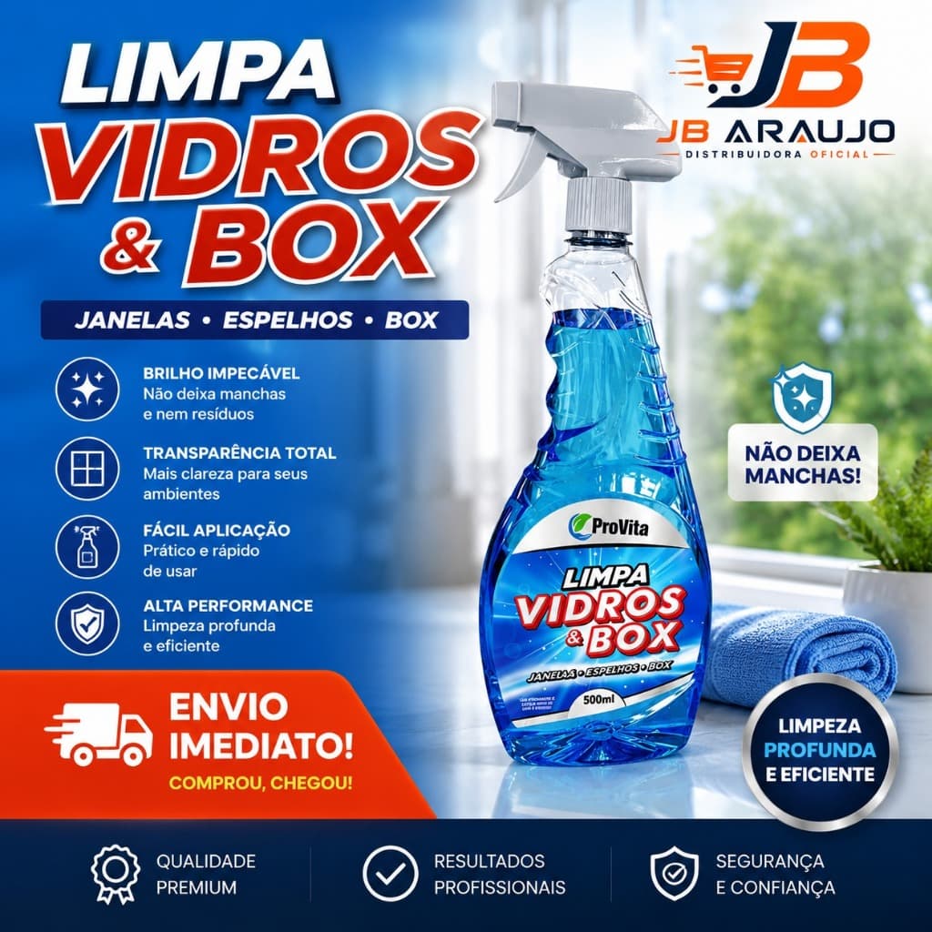 Limpa Vidros ProVita Limpeza de Janelas Espelhos Box e Superfícies de Vidro Fácil Aplicação