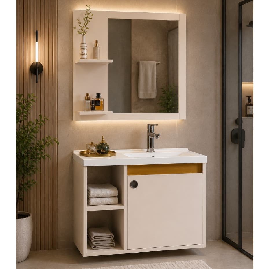 Conjunto Gabinete com Espelheira e Cuba para Banheiro 60cm Adonis Perola com Nature Ofertamo