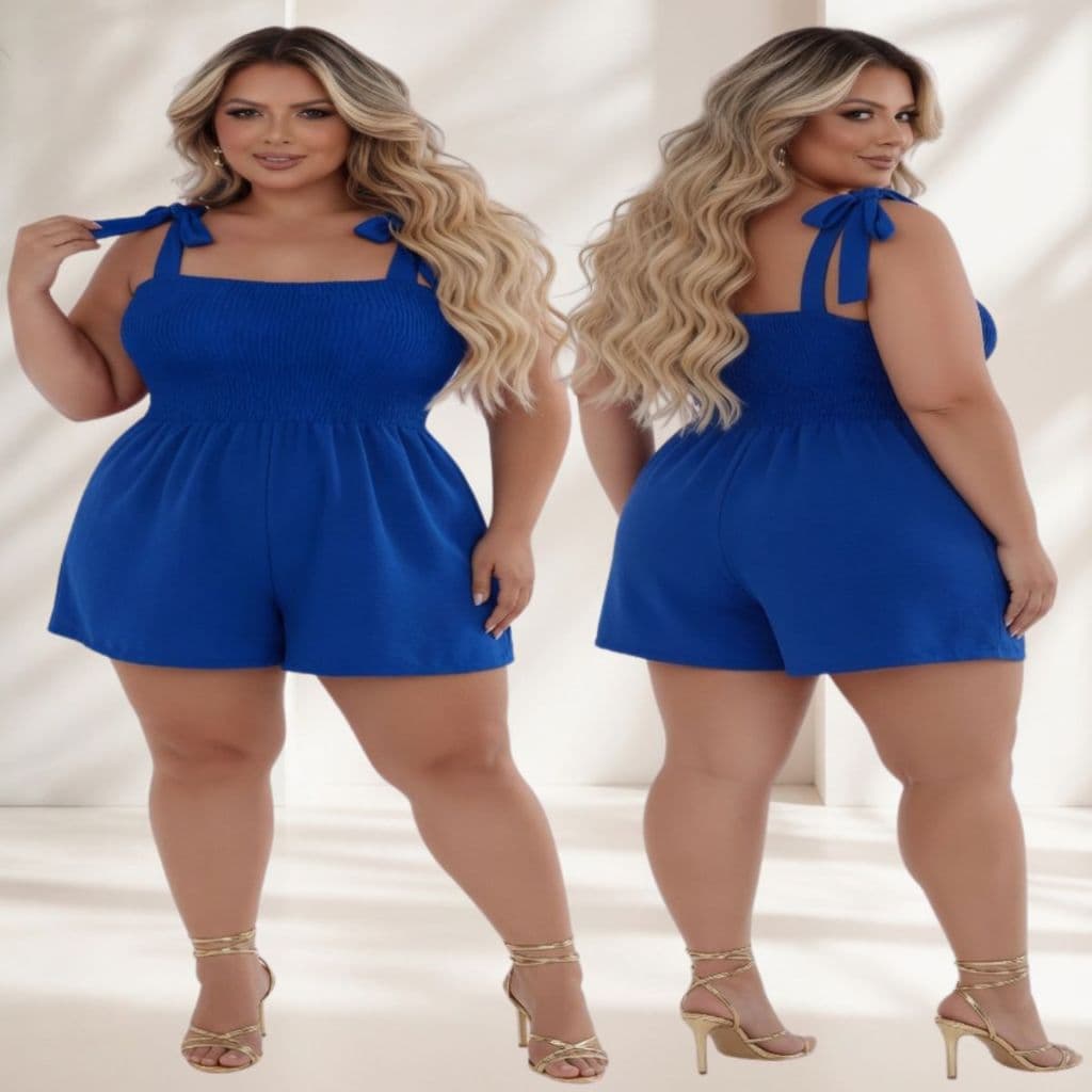 Macaquinho Elegante Feminino Moda Maior Soltinho Casual Versátil Moda Verão Busto Lastex Franzido Alça Larga de Amarrar.