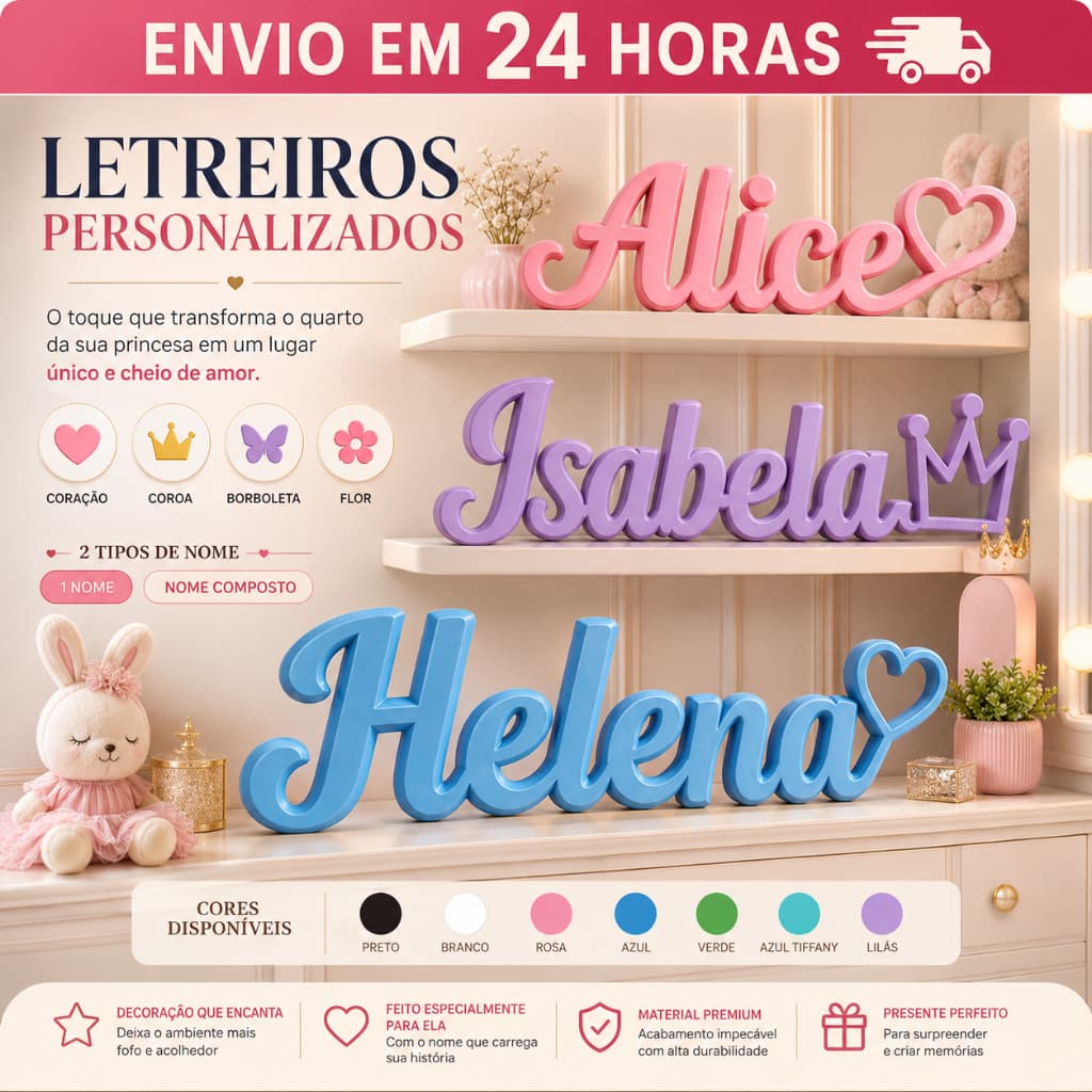 Letreiro Nome 3D Personalizado – Decoração Infantil para Penteadeira