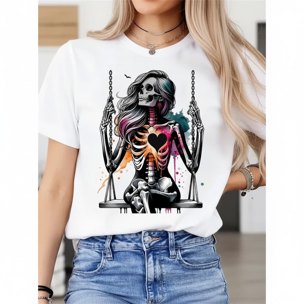 Camiseta Premium Feminina Estampa Esqueleto Coração, Unissex Oversized 100% Algodão