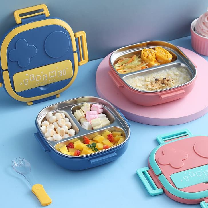 Marmita Infantil 17x17x6cm Térmica Vedável Lancheira Inox Com Garfinho 3 Compartimentos Com Alça