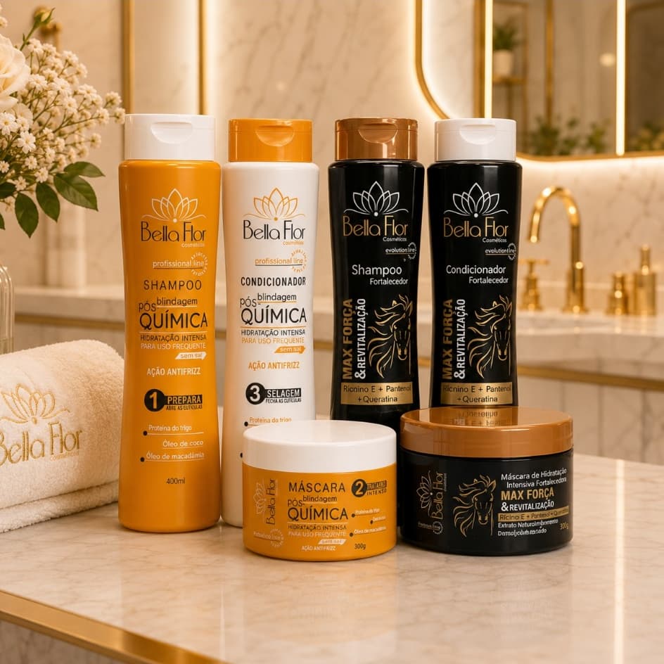2 Kits Capilares Pós-Química e Max Força 6 Produtos Shampoo Condicionador Máscara Bella Flor Fortalecimento Brilho