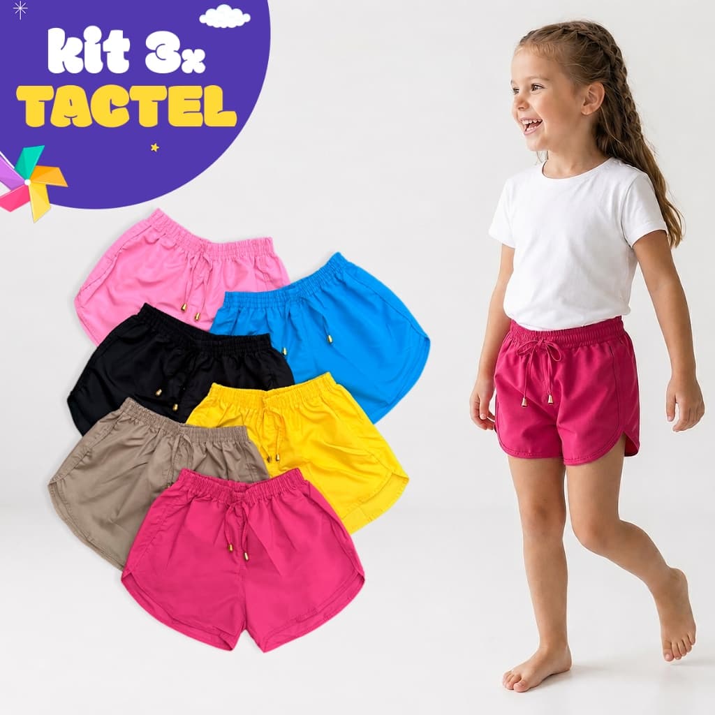 Kit 3 Shorts Tactel Infantil Feminino Juvenil Meninas 02-14