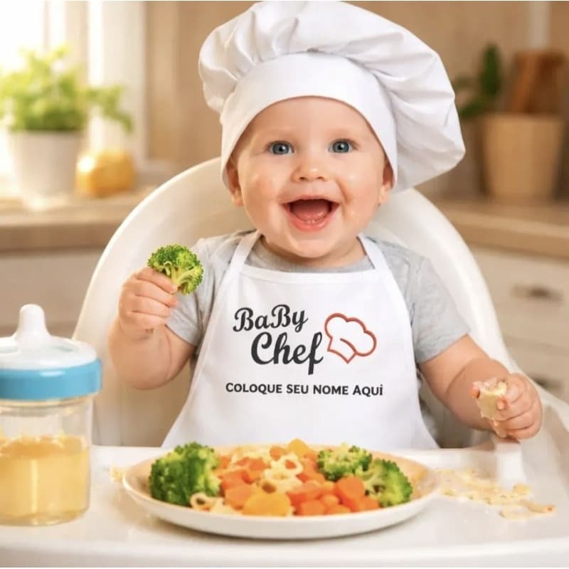 Avental Bebê Personalizado Coloque Seu Nome + Touca Chef Branca